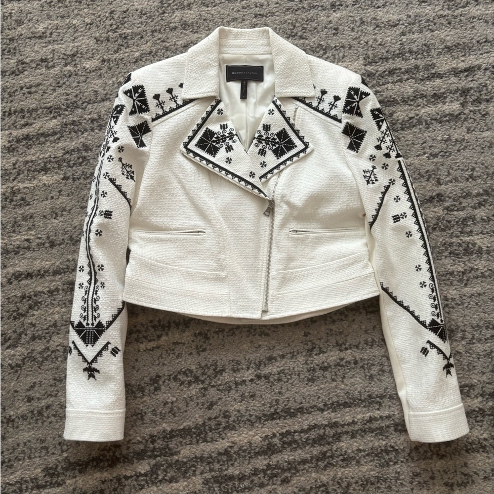 BCBGMaxAzria White and Black Embroidered Leather Jacket